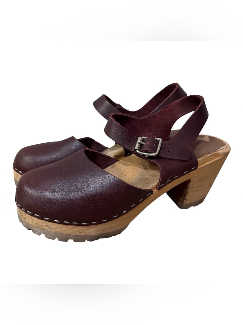 MIA Swedish ABBA Wine Clogs Leather Wood Heel Burgundy Maroon Buckle Sz 39 - Picture 2 of 6